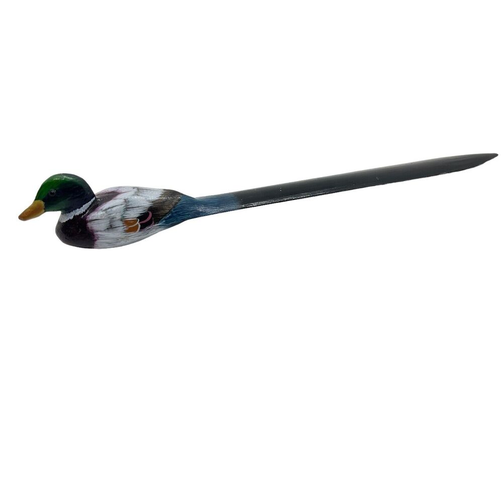 Mallard Duck Letter Opener Wooden Hand Painted Retro Dark Academia Desk Decor